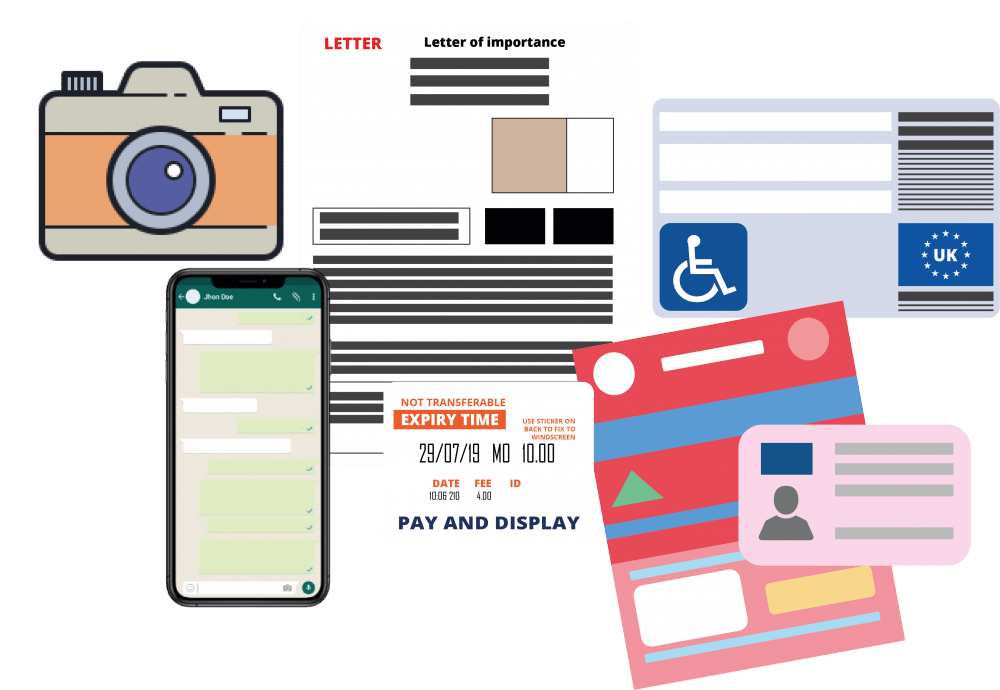A composite set of icons including a: camera; WhatsApp screen; V5C vehicle ownership document; Blue Badge; Drivers License; Pay-and-display ticket and an official letter representing types of evidence to support an appeal