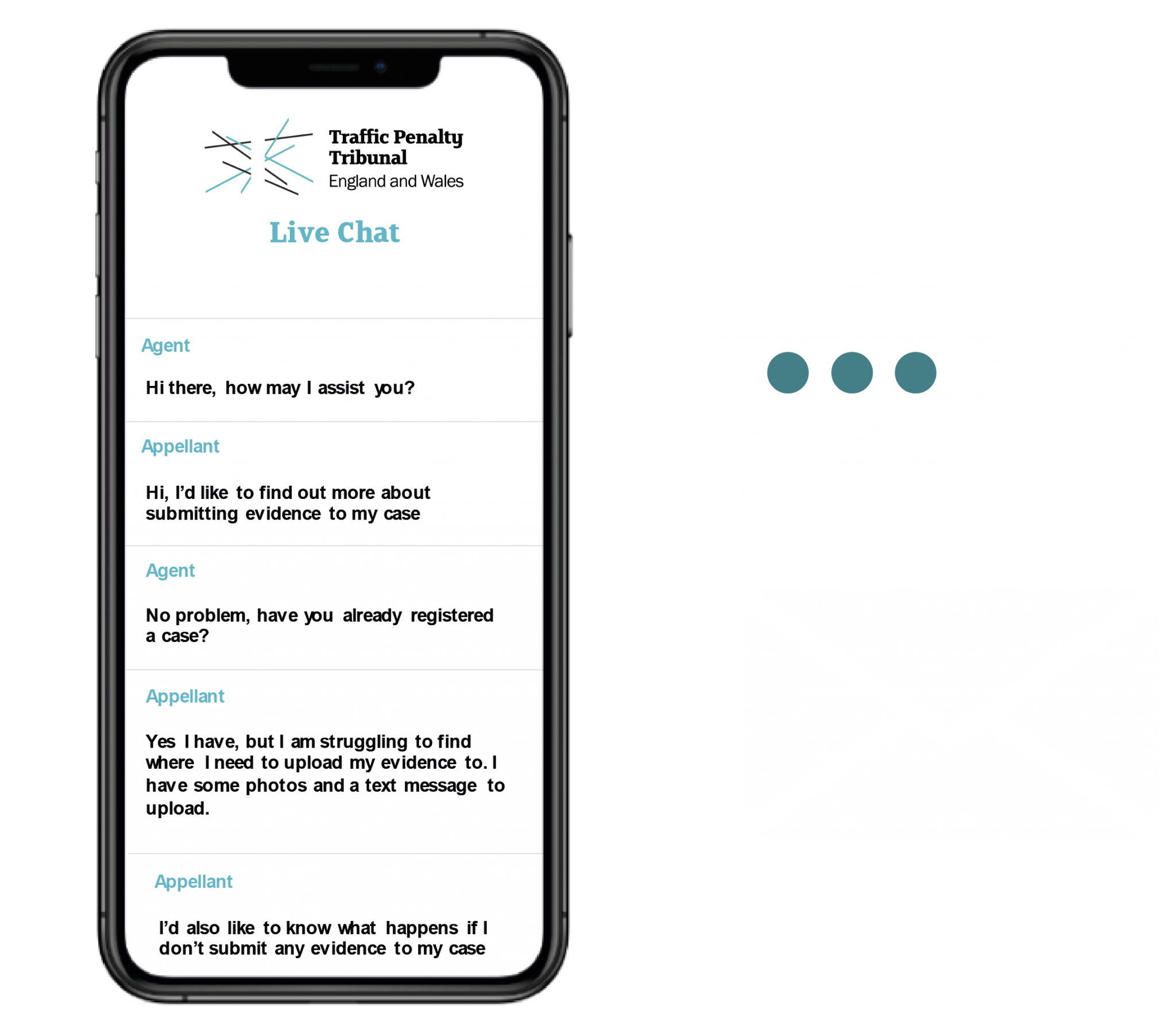A composite image showing a smartphone screenshot depicting a live chat conversation with the Traffic Penalty Tribunal, together with an icon of instant messaging and an envelope, denoting keeping in touch during a case