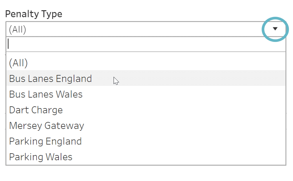Screenshot of Penalty Type filter for updating the Tableau report