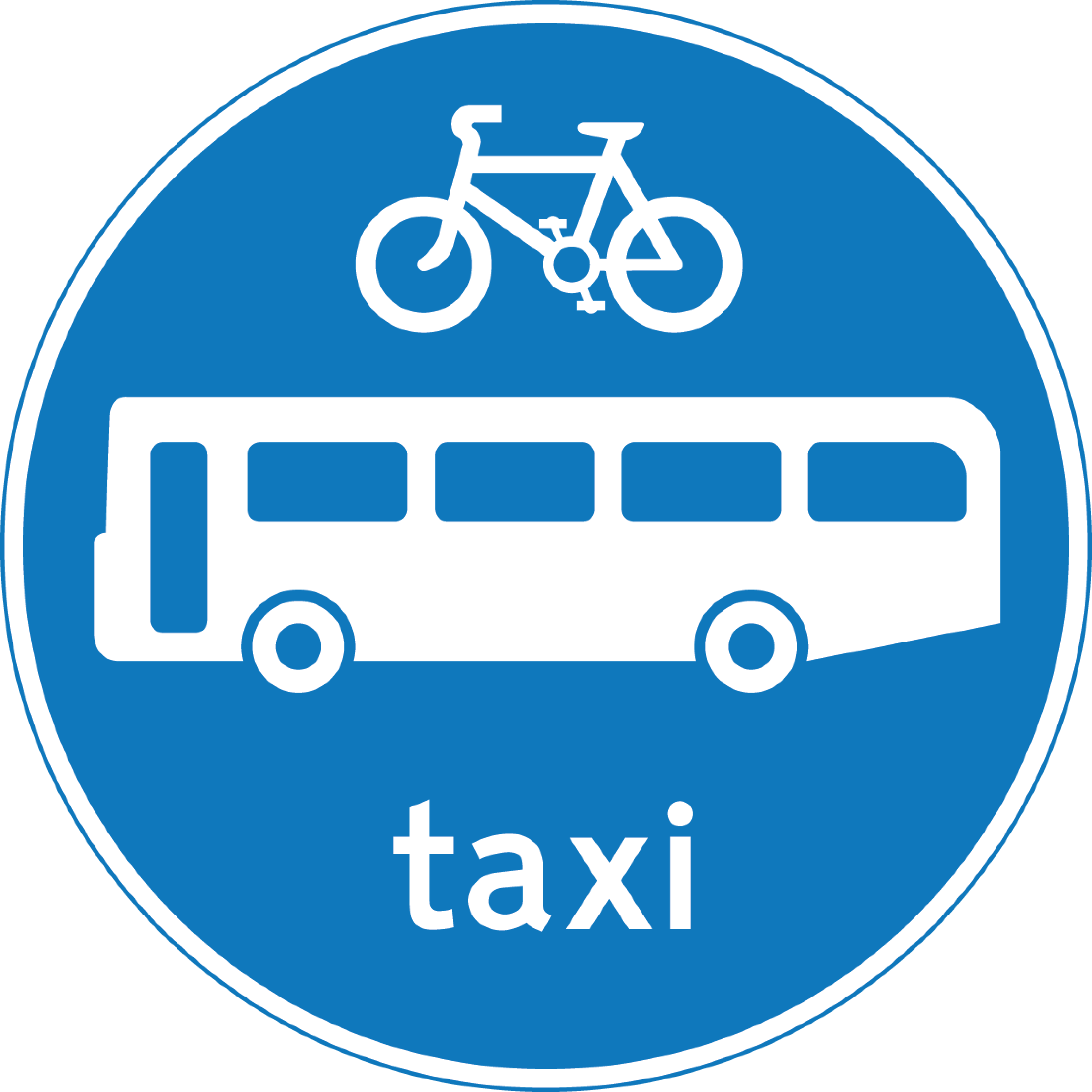 Icon of a blue circular sign showing a stacked white image of a bicycle, bus and the word 'Taxi' denoting a bus lane (and the forms of transport that can use it)