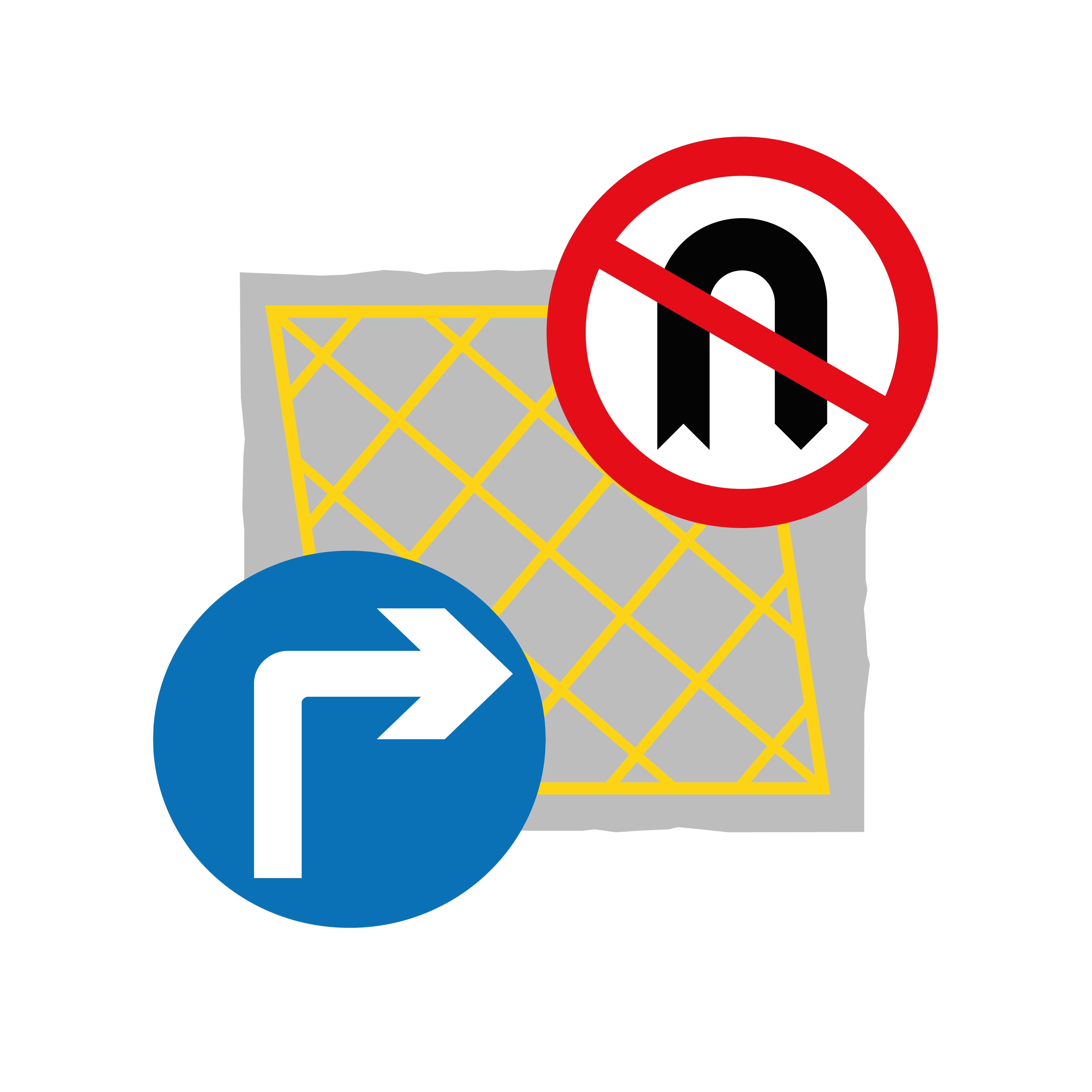 Icon of a white circle with icons representing a 'No U-Turn' sign, a 'Right Turn Only' sign and a yellow box junction denoting moving traffic restrictions